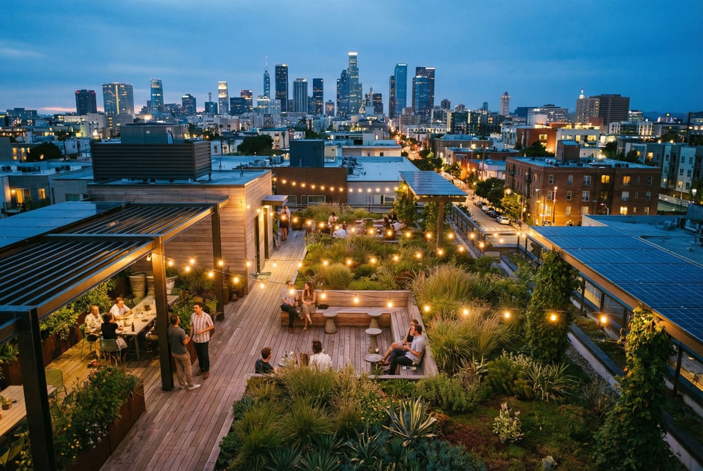 Rooftop terrace with string lights overlooking downtown at dusk