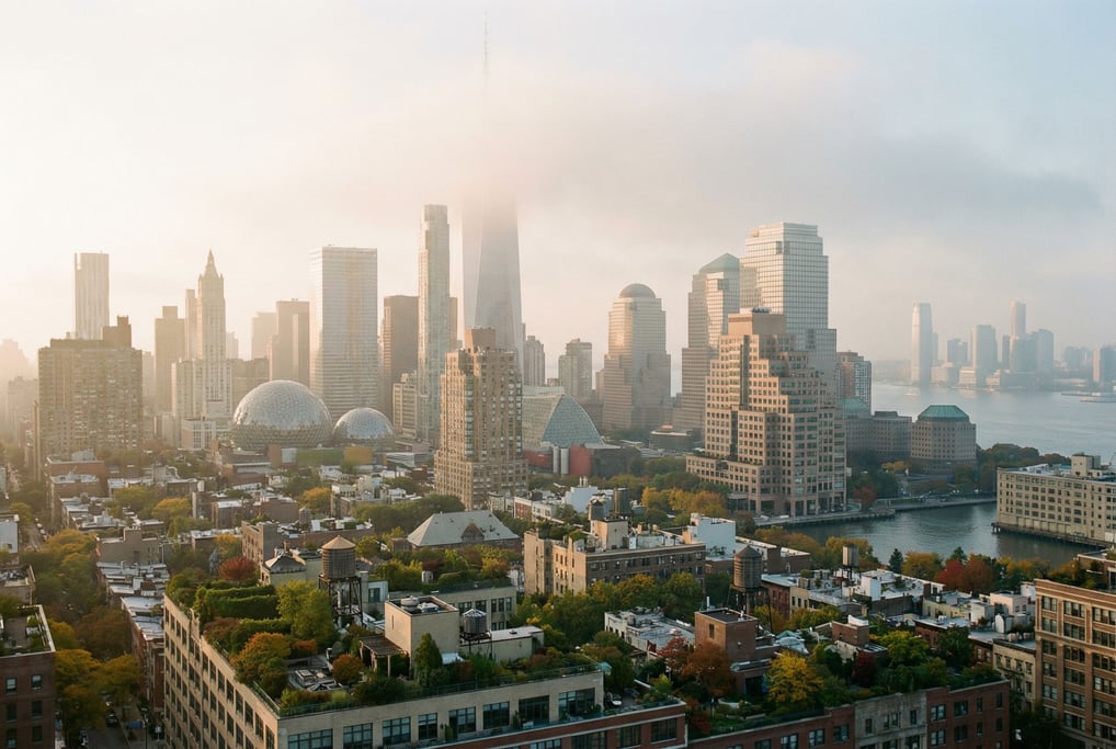Sweeping panoramic view of a postmodern city skyline at misty morning