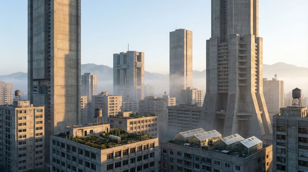 Sweeping panoramic view of a brutalist concrete city skyline at early morning