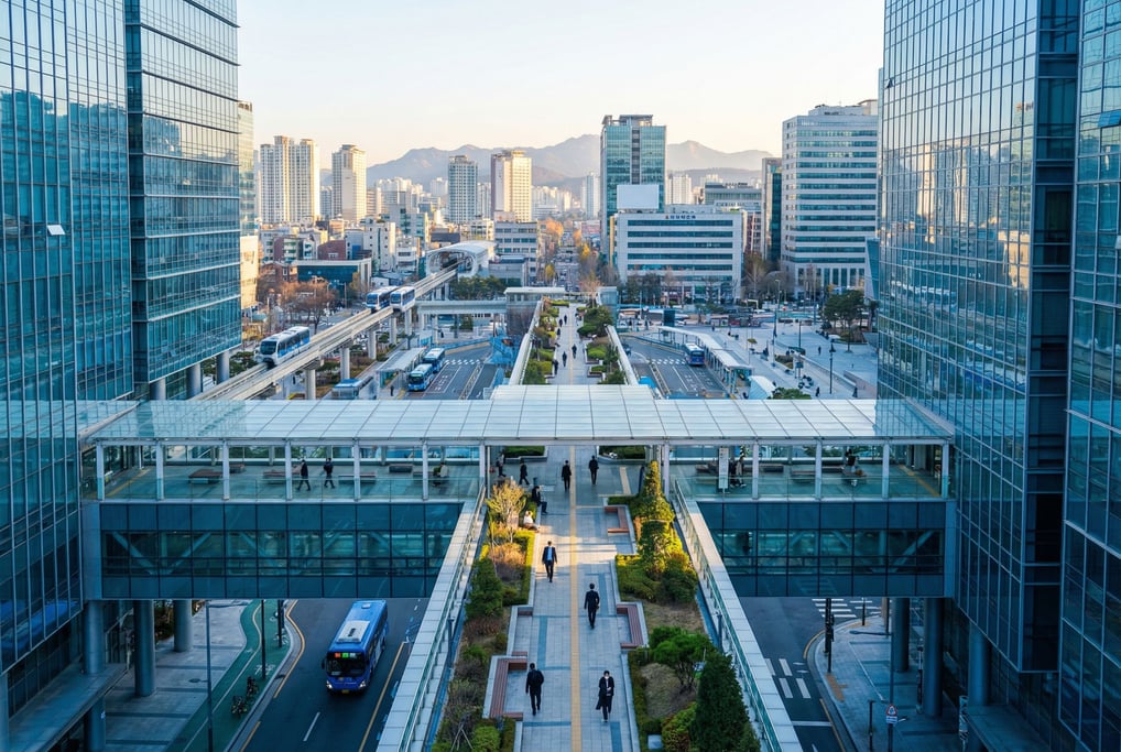 Elevated walkway between glass towers in a Seoul