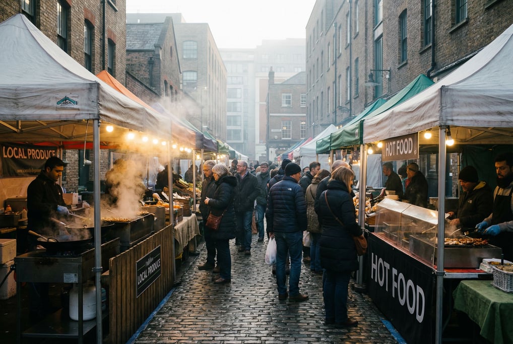 Open-air farmers market with canvas stalls with steaming food stalls with visible cooking