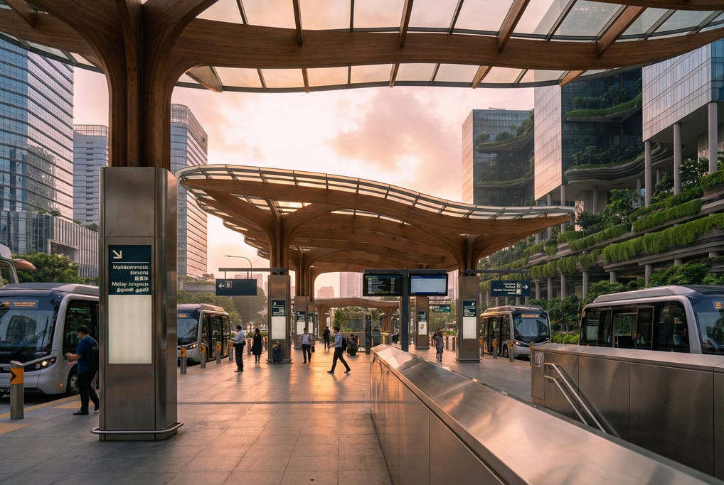 Modern transit hub with sweeping roof in a Singapore