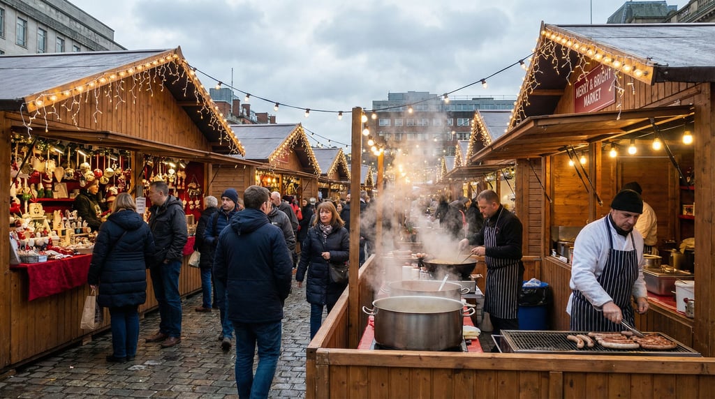 Christmas market with wooden chalets with steaming food stalls with visible cooking