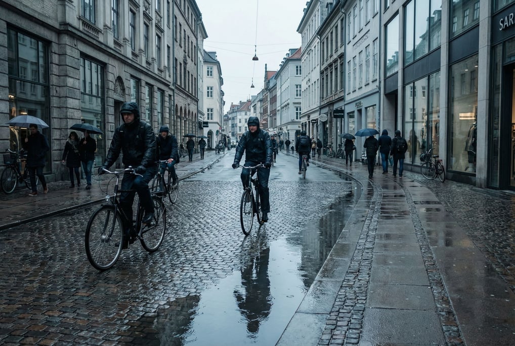 Cosmopolitan city street under overcast skies, soft even light and muted tones