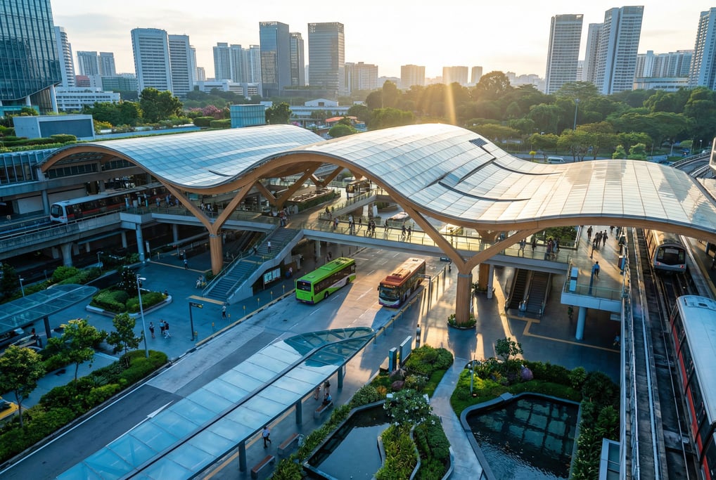 Modern transit hub with sweeping roof in a Singapore