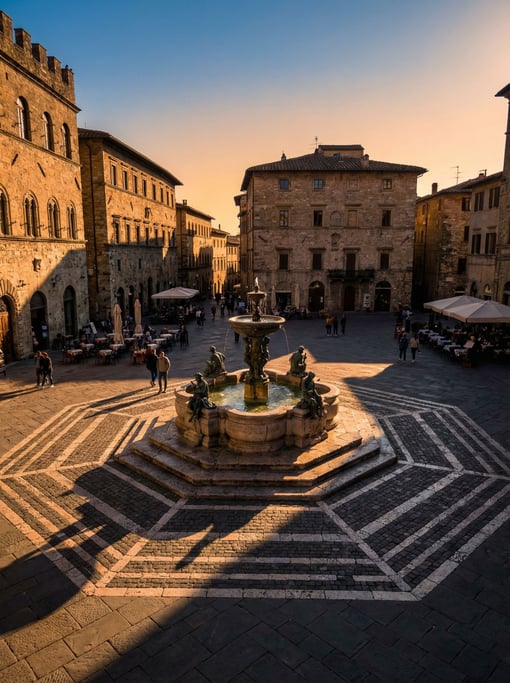 Grand stone piazza with a central fountain in a European city