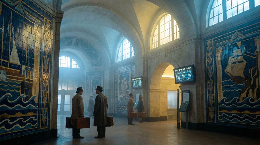 Ferry terminal waiting hall, art deco tile murals on the walls