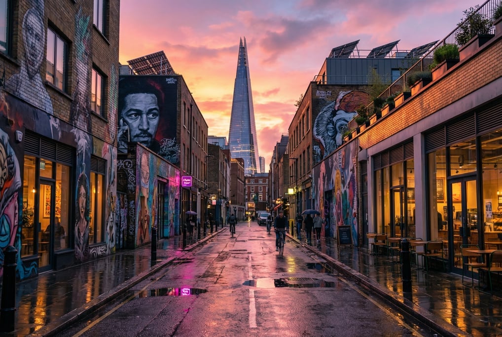 Looking straight down the length of a Shoreditch side street with street art and modern coffee shops
