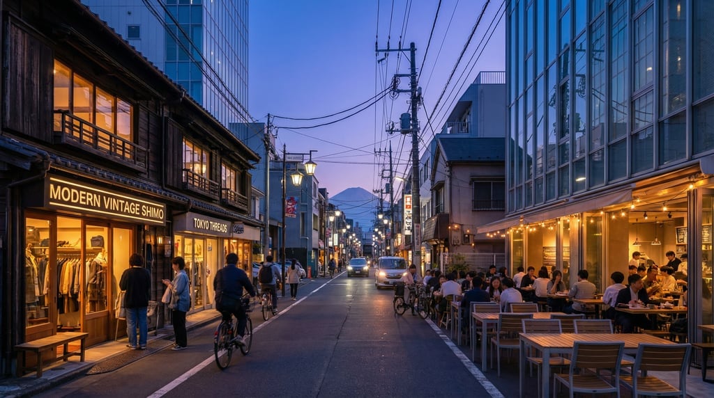 Wide shot of a narrow Shimokitazawa lane with modern vintage shops in Tokyo at blue hour dusk