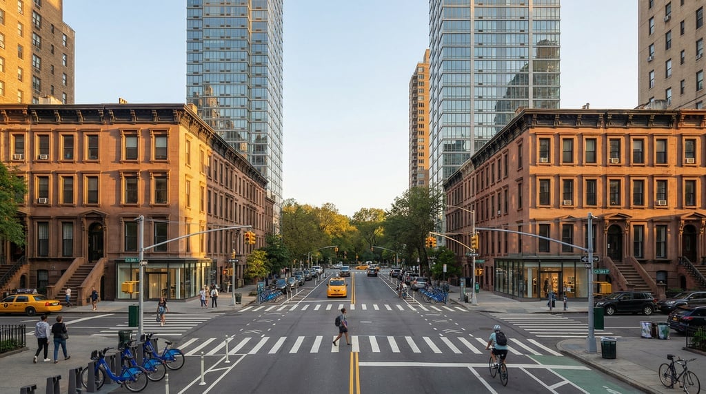 Cinematic wide shot of a busy intersection in New York City at golden hour