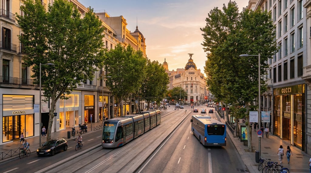 Panoramic view across Calle Serrano with luxury boutiques and modern shopfronts in Madrid at golden