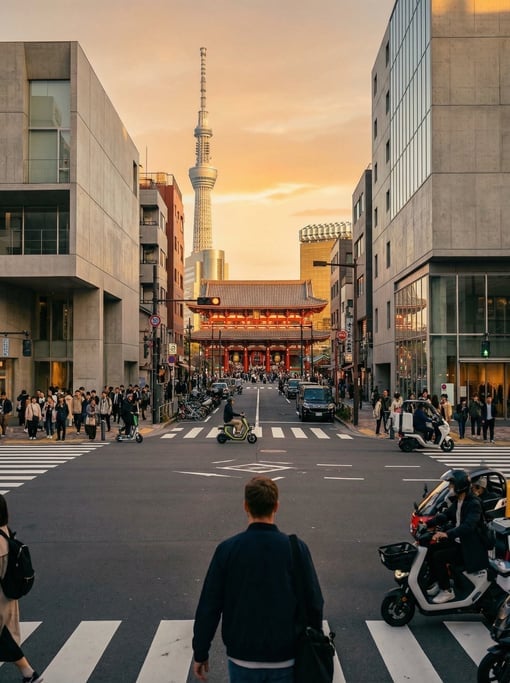 Point-of-view shot walking through a busy intersection in Tokyo at golden hour