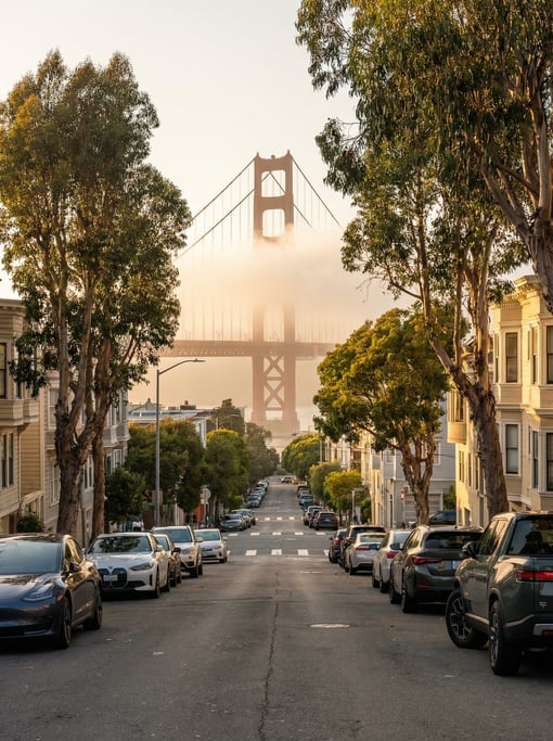 Street-level photograph looking down a steep hill street with parked modern cars angled against the