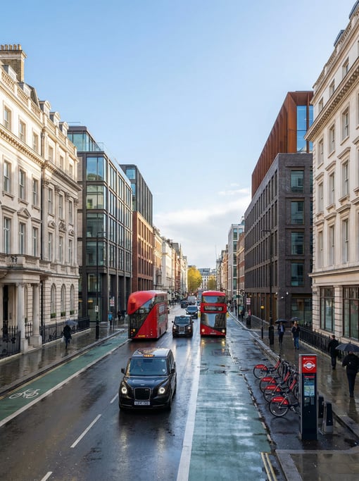 Wide shot of a rainy Mayfair street with modern black cabs and red buses in London on a bright clear