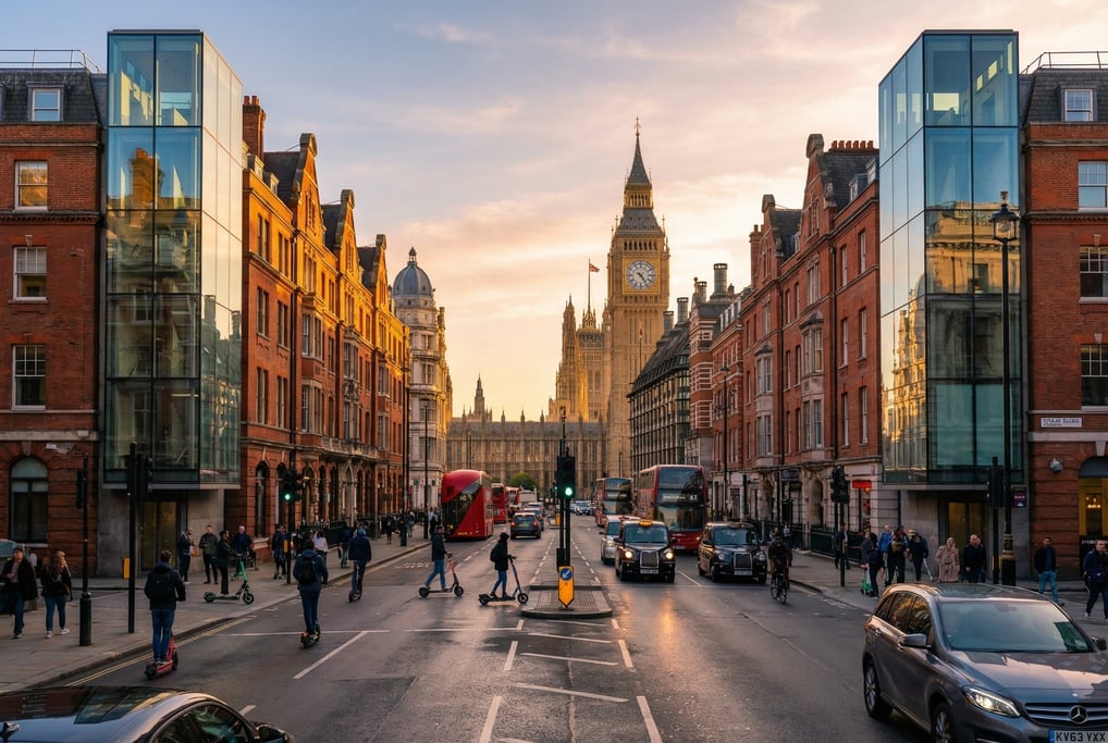 Street-level photograph looking down a busy intersection in London at golden hour