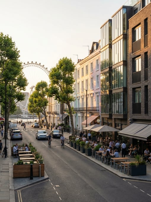 Three-quarter angle view of a Notting Hill street with colorful houses and modern cafés in London at