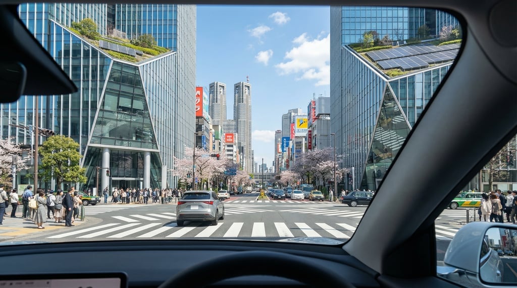 First-person perspective driving through a busy intersection in Tokyo on a clear spring day