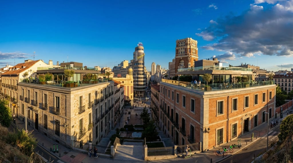 Elevated view from a hillside overlooking Madrid at golden hour