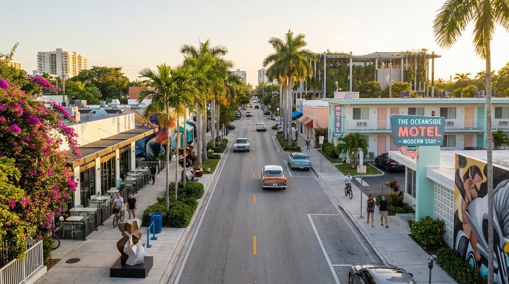 Cinematic wide shot of a Little Havana street with contemporary Cuban cafés in Miami at golden hour