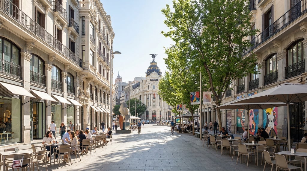 Looking straight down the length of a La Latina street with modern terrazas and outdoor dining in Ma