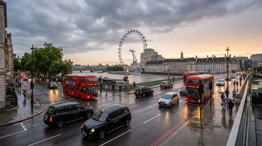 Elevated view from a rooftop terrace overlooking a rainy Mayfair street with modern black cabs and r
