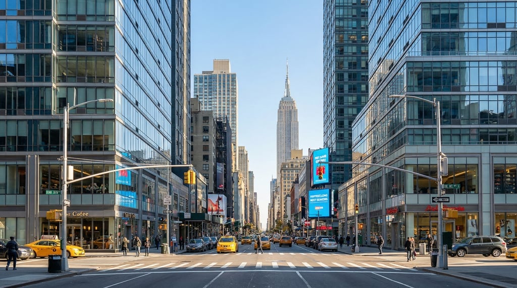 Looking straight down the length of a busy intersection in New York City on a bright clear morning