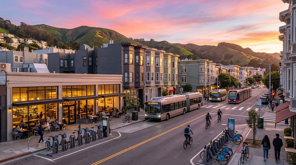 Wide shot of Valencia Street with modern cafés and bike-share stations in San Francisco at sunset