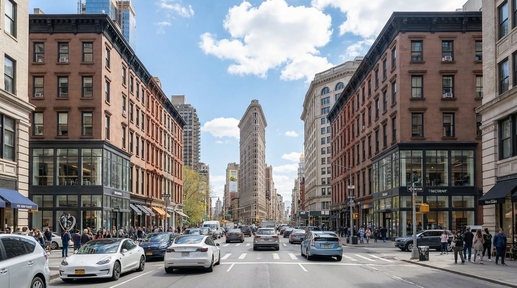 Street-level photograph looking down a busy intersection in New York City on a clear spring day