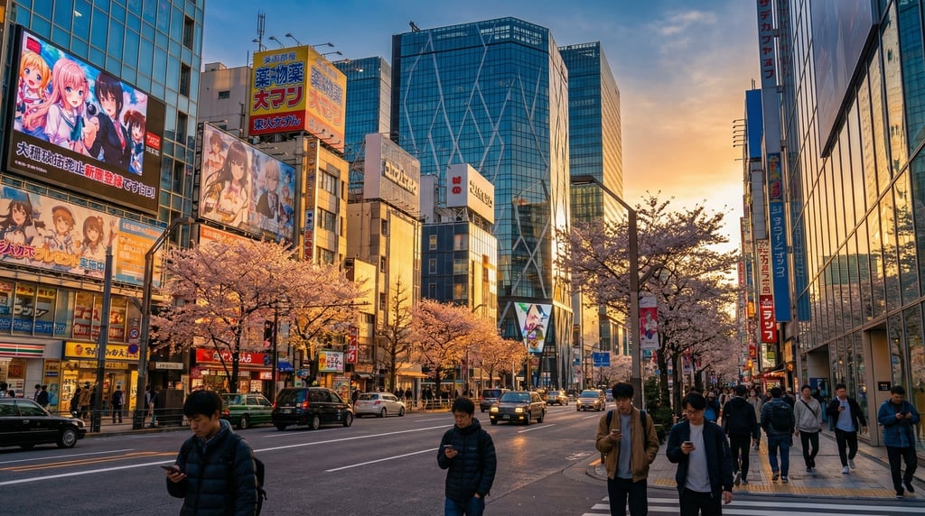 Wide shot of an Akihabara street with massive LED displays and anime billboards in Tokyo at golden h