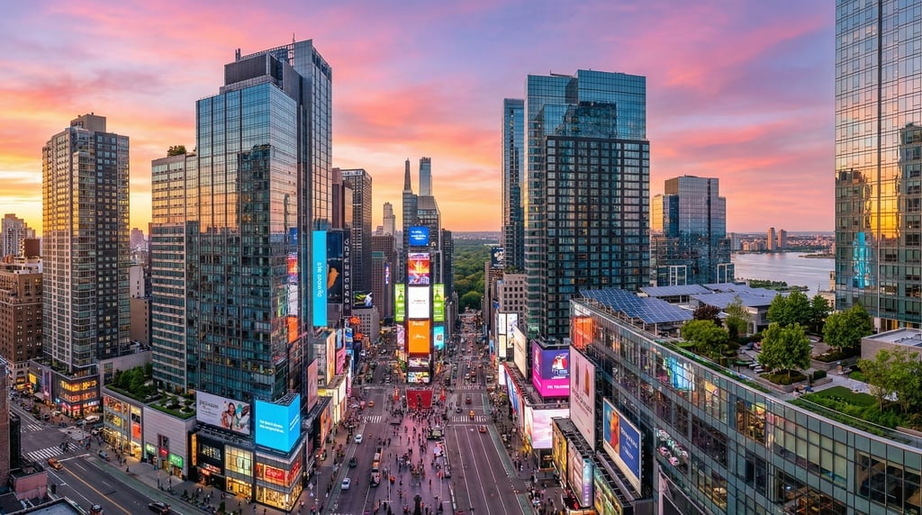 Panoramic view across Times Square with massive LED screens and contemporary billboards in New York