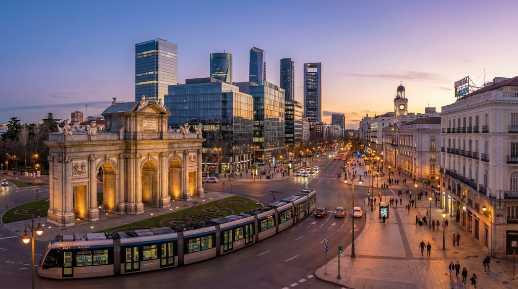 Panoramic view across the Retiro Park entrance with the city visible beyond in Madrid during the mag