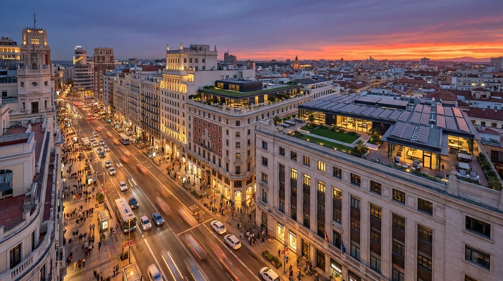 Wide shot of Gran Vía bustling with modern traffic and pedestrians in Madrid at blue hour dusk