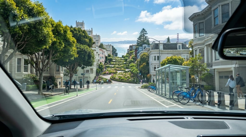 First-person perspective driving through a fog-draped street in Pacific Heights in San Francisco on