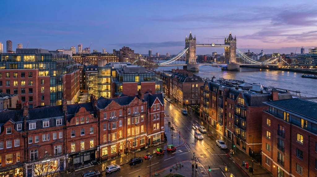 Elevated view from a hillside overlooking London at blue hour dusk
