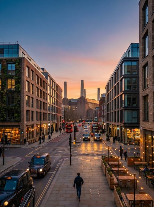 Point-of-view shot walking through a busy intersection in London during the magic hour just after su