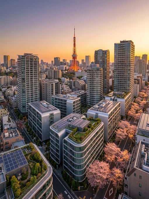Elevated view from a hillside overlooking Tokyo at golden hour
