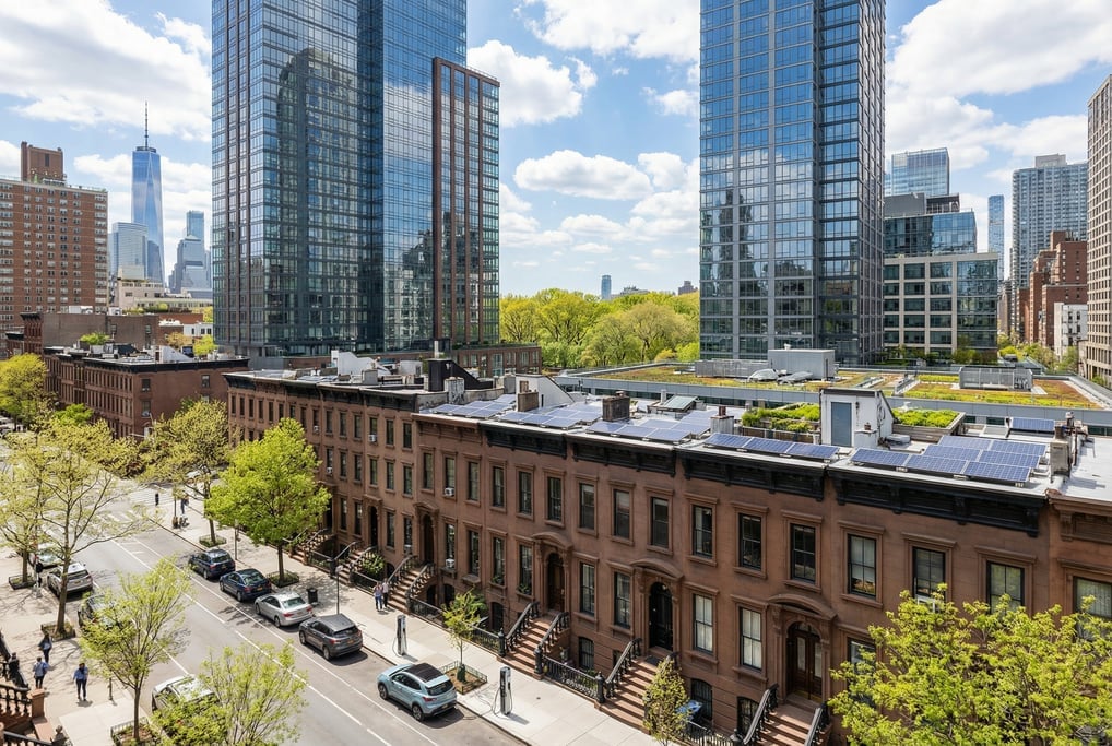 Wide shot of a tree-lined Brooklyn brownstone street with modern EV chargers in New York City on a c