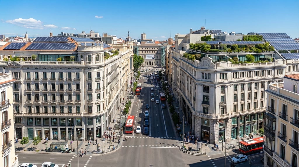 Looking straight down the length of a busy intersection in Madrid on a vivid sunny afternoon