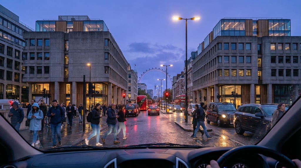 First-person perspective driving through a busy intersection in London at blue hour dusk
