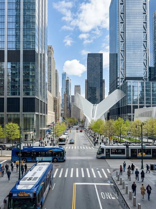 Cinematic wide shot of a busy intersection in New York City on a clear spring day