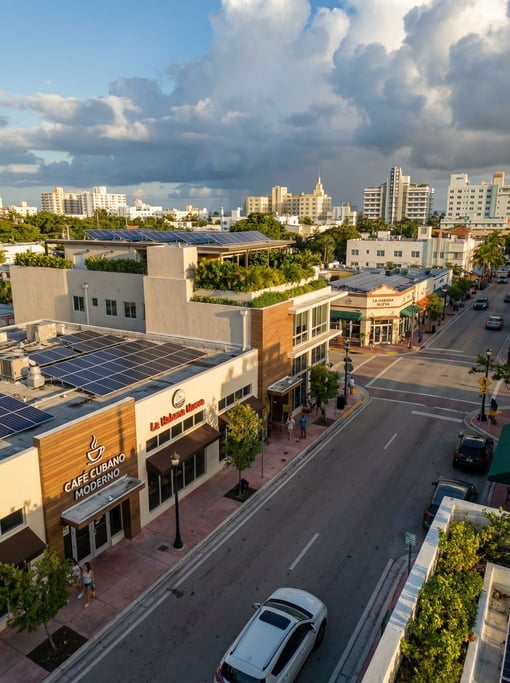 First-person perspective driving through a Little Havana street with contemporary Cuban cafés in Mia
