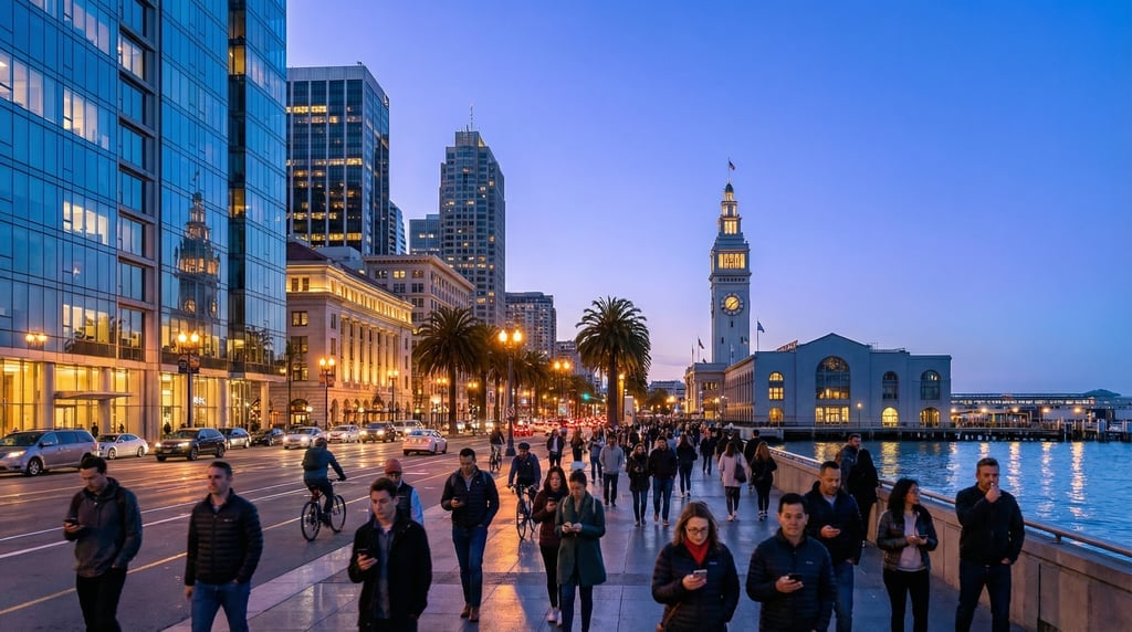 Wide shot of the Embarcadero waterfront promenade in San Francisco at blue hour dusk