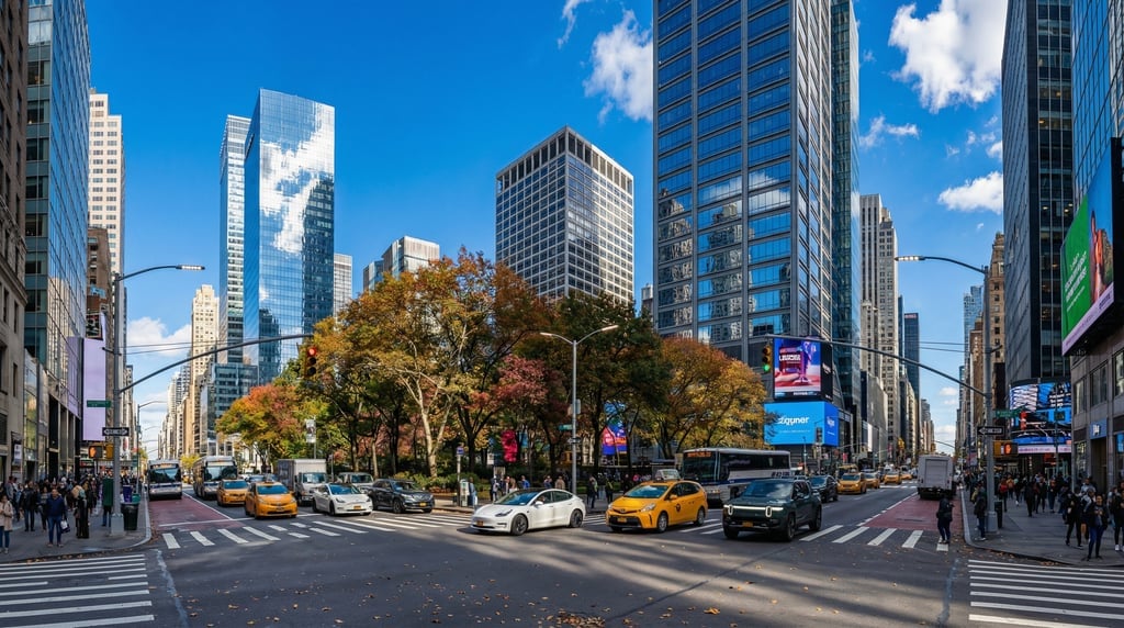 Wide shot of a busy Midtown avenue with yellow cabs and modern rideshare vehicles in New York City o