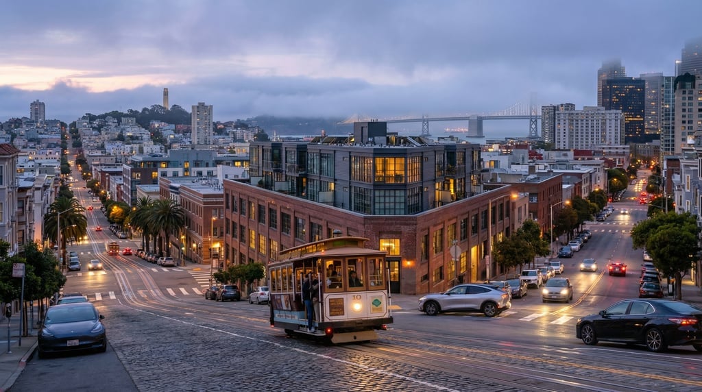 Elevated view from a hillside overlooking San Francisco at blue hour dusk