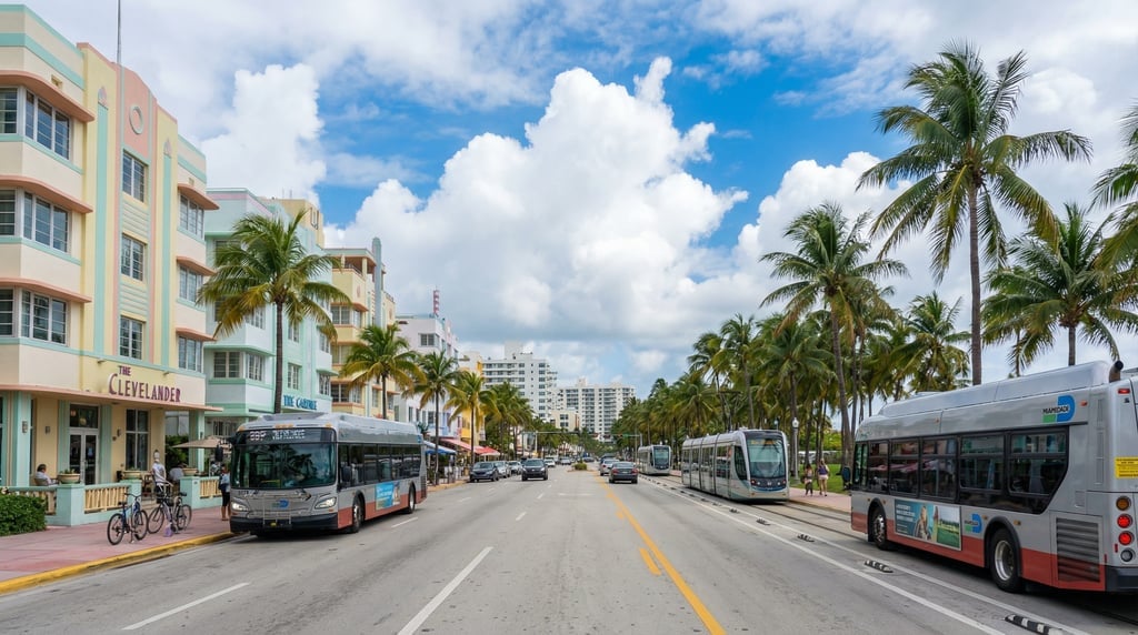 Street-level photograph looking down the MacArthur Causeway connecting Miami to South Beach in Miami