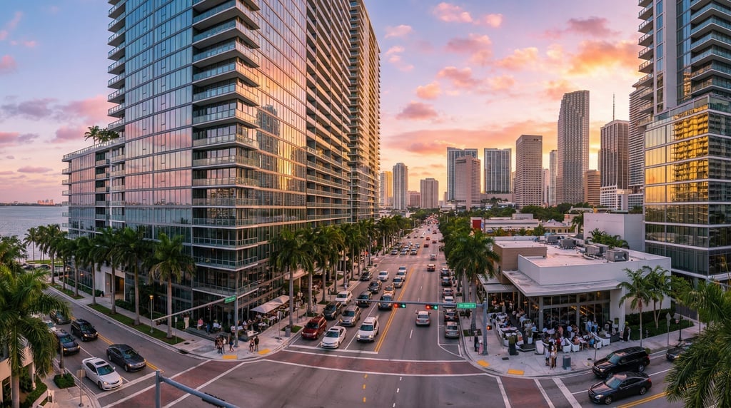 Panoramic view across a busy intersection in Miami at sunset