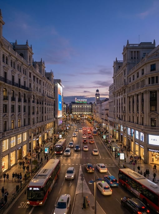 Panoramic view across a busy intersection in Madrid at blue hour dusk