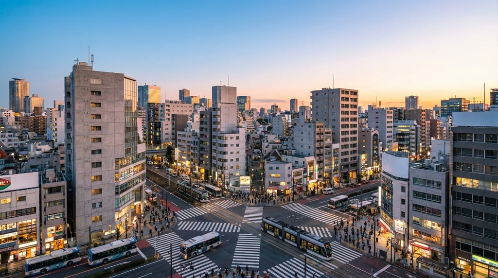Elevated view from a hillside overlooking Tokyo during the magic hour just after sunset
