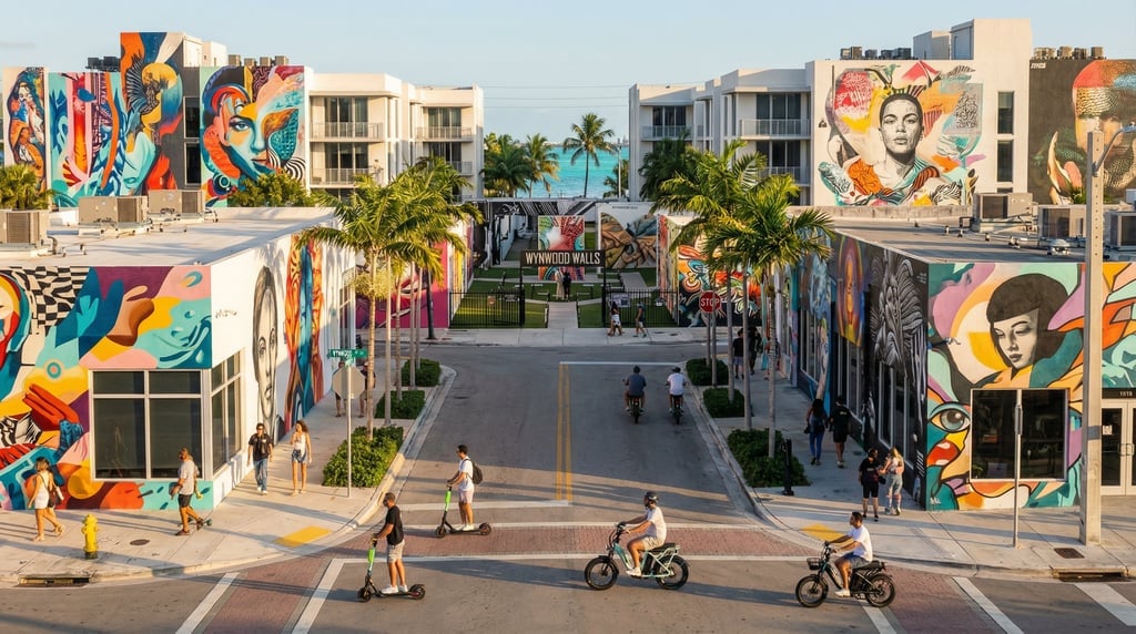 Panoramic view across a Wynwood side street with colorful contemporary murals in Miami at golden hou