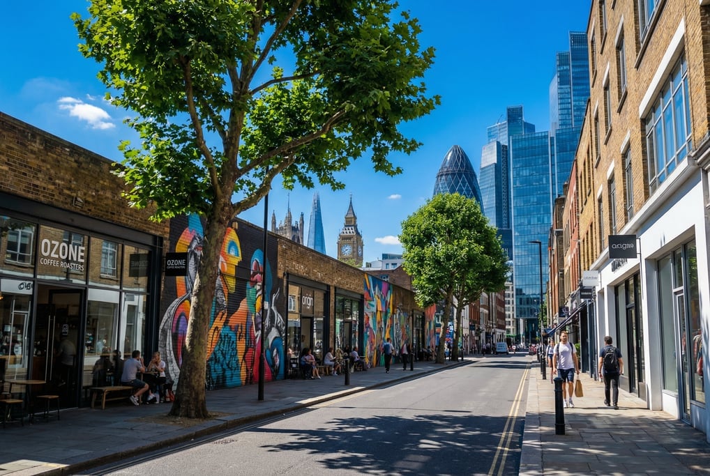 Point-of-view shot walking through a Shoreditch side street with street art and modern coffee shops